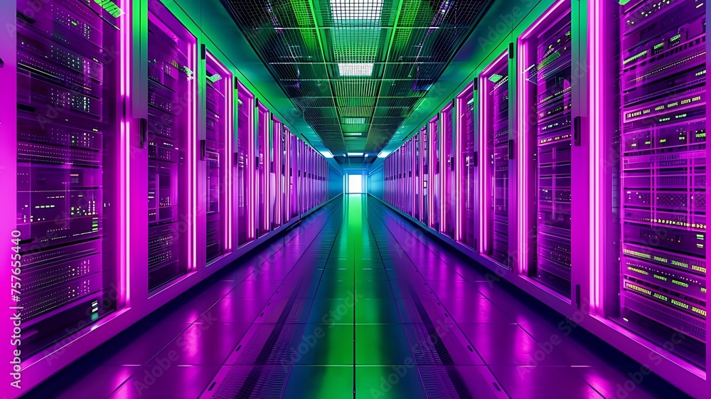 Poster server data centre room. server room with purple and green lights. cyber security monitoring room. d