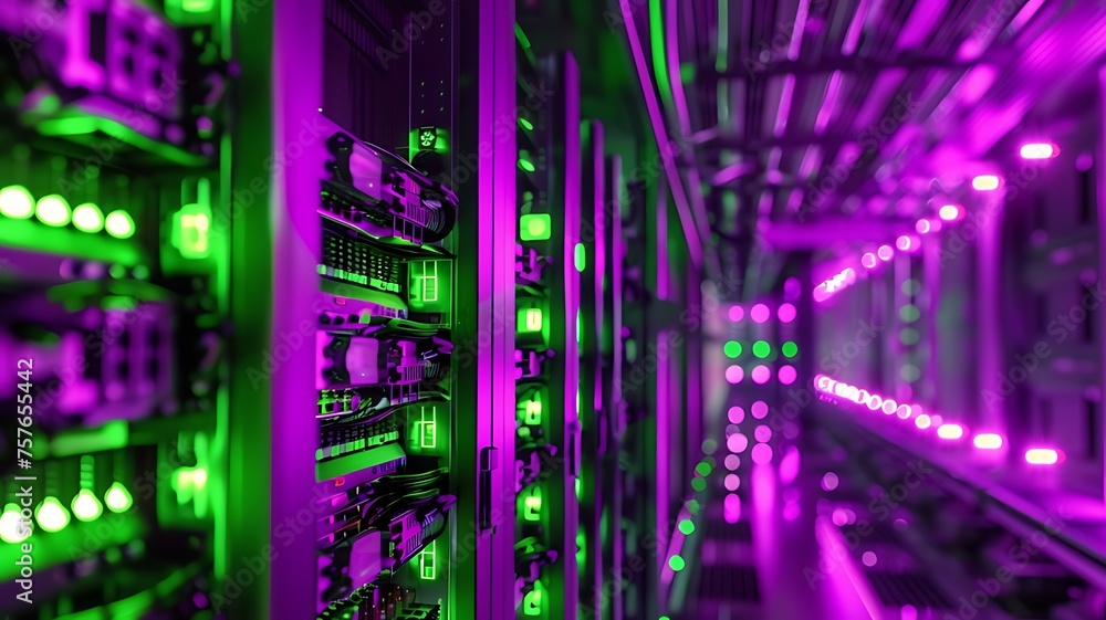 Poster server data centre room. server room with purple and green lights. cyber security monitoring room. d