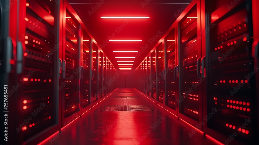 Aufkleber glowing red alert in data center: emergency warning lights, technical issue. critical incident, serv