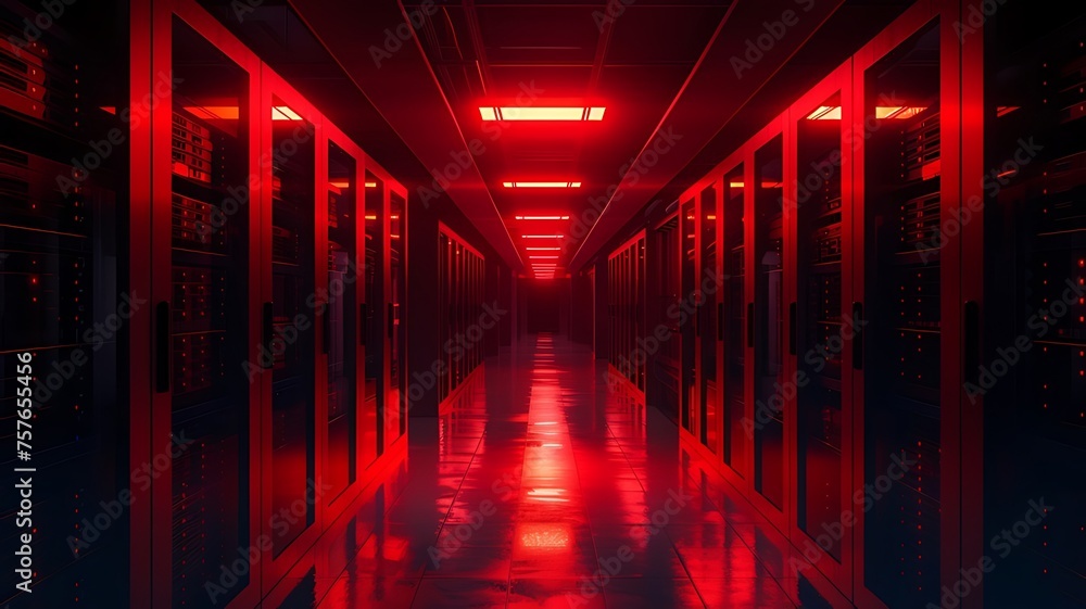 Aufkleber glowing red alert in data center: emergency warning lights, technical issue. critical incident, serv