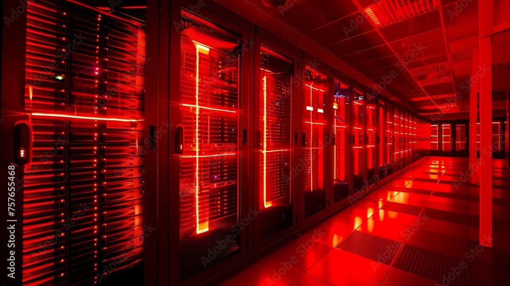 Aufkleber glowing red alert in data center: emergency warning lights, technical issue. critical incident, serv