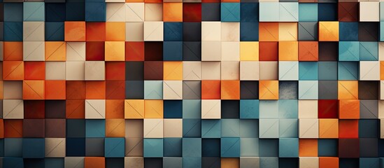 A row of brown and blue rectangular textile squares with varying tints and shades, creating symmetry and art on the wall. The building material used is flooring with a unique font design