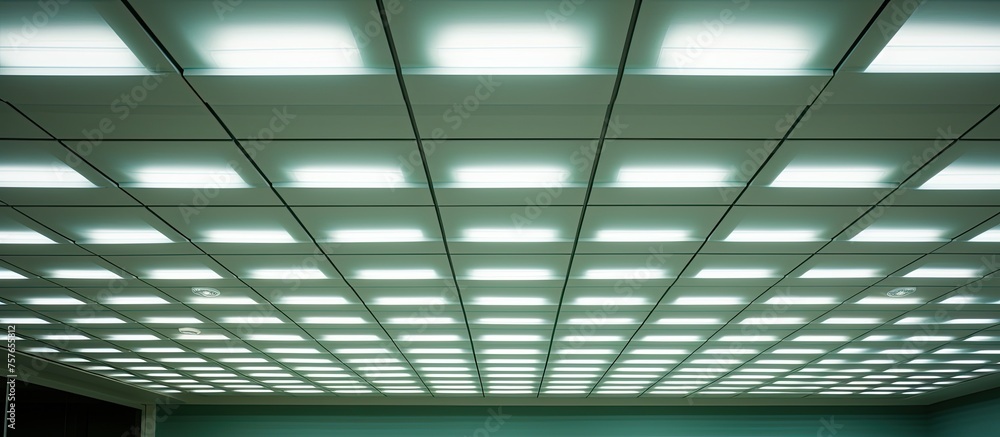 Poster the ceiling is adorned with a symmetrical arrangement of rectangular fixtures made of composite mate