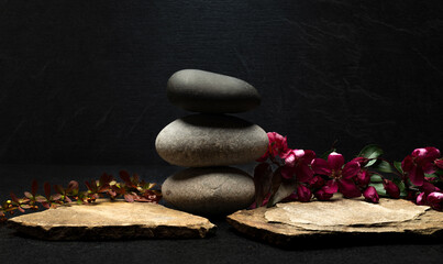 minimalistic composition of stones and flower plants for the podium. podium made of stones for the presentation of perfumery, cosmetics, medicine, jewelry products