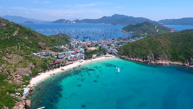 Aerial photo of Diep Son island, Nha Trang bay, Khanh Hoa. The island is famous for its pristine beaches and clear blue water