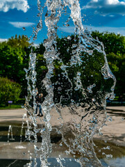 Fountain water jets working in a city park. day light
