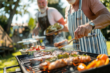 Closeup of unrecognizable a group of senior people enjoying BBQ together in the backyard.