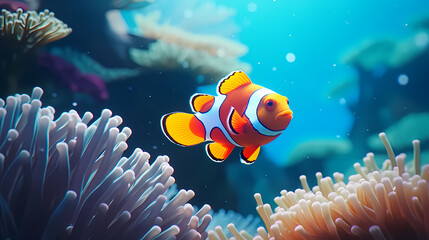 Naklejka na ściany i meble Colorful clownfish swims gracefully among vibrant corals