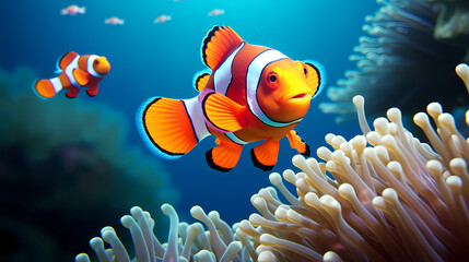 Colorful clownfish swims gracefully among vibrant corals