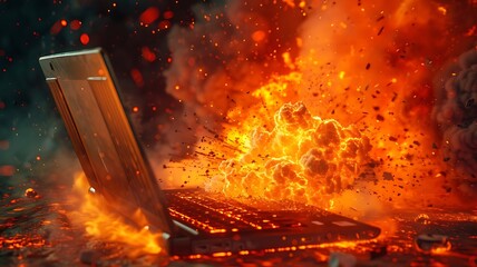 Laptop on fire. Burning laptop. Explosion of a laptop, Computer is on fire, fiery laptop. 