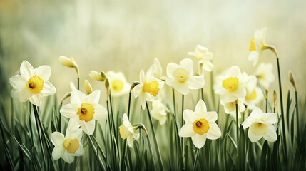 A soft light springtime nature background with narcissus flowers in the garden.