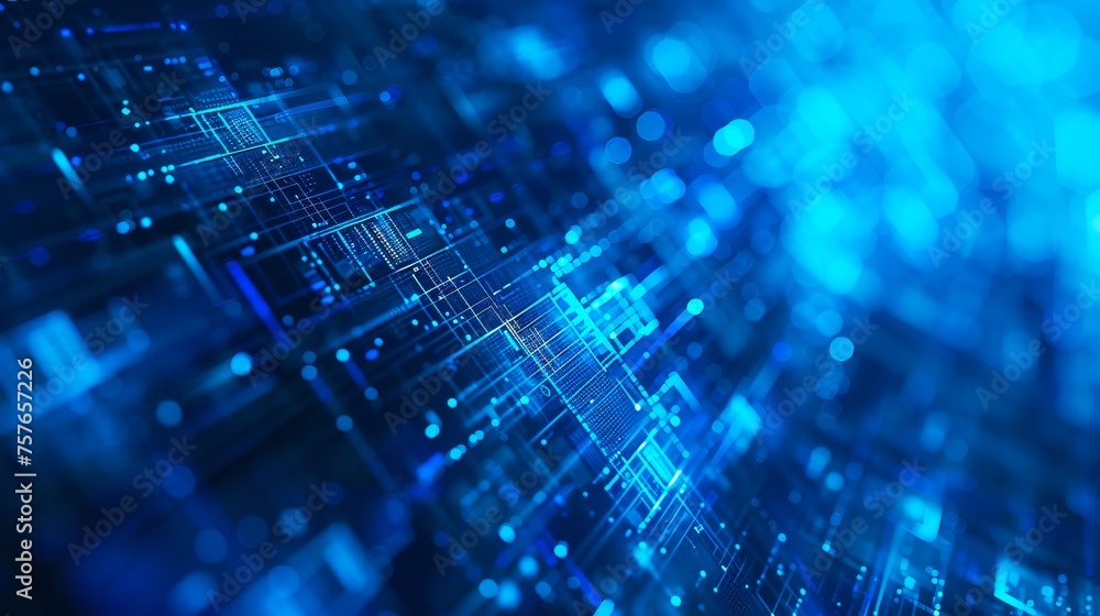 Poster blue digital technology background with blue light and white data lines, closeup of an abstract futu