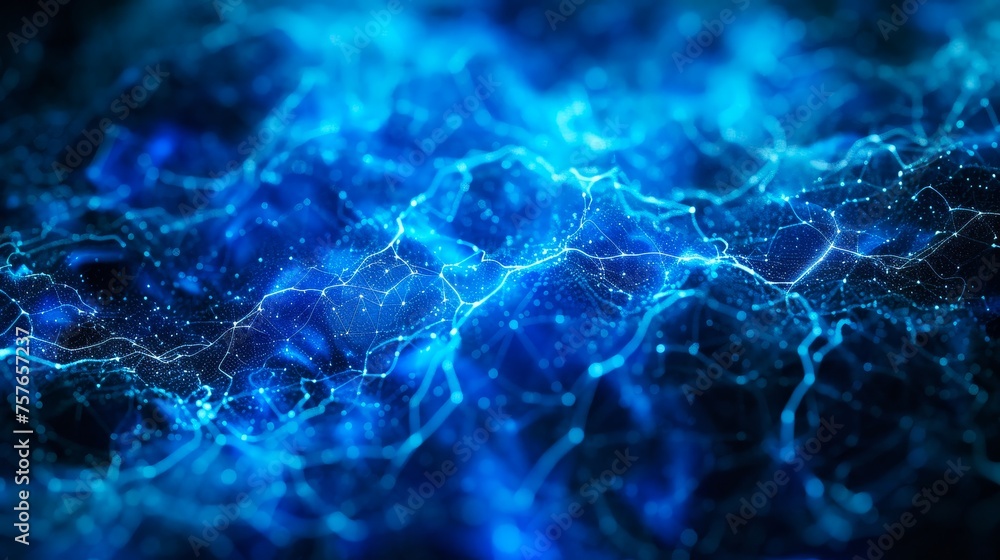 Poster abstract blue glowing electric background with lightnings and connecting dots on a dark background. 