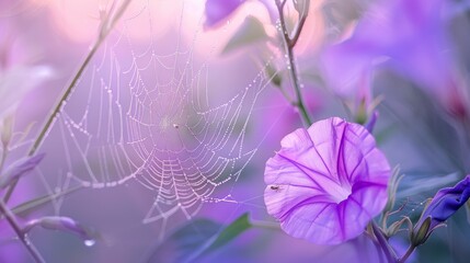 Morning Glories with Dew-Covered Spider Web Art Print