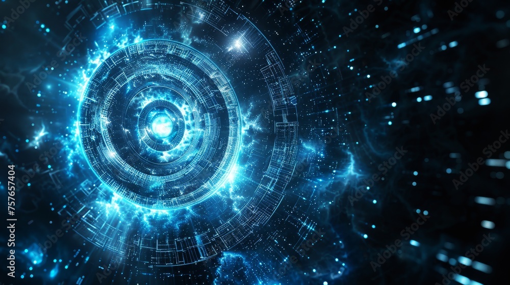 Poster a futuristic digital abstract background with glowing blue circular energy patterns, perfect for sci