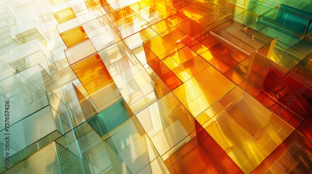 Poster a modern abstract background featuring geometric glass blocks in various shades of orange, yellow an