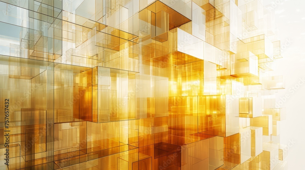 Poster a background of transparent glass cubes in shades of gold and white, creating an abstract compositio