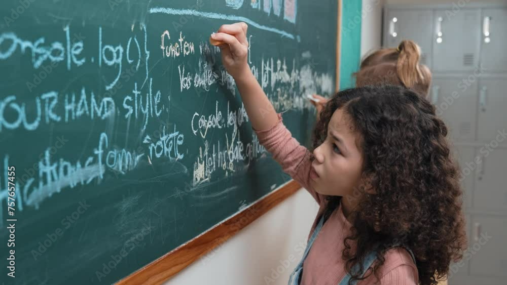 Poster american student studying coding engineering prompt while writing answer on blackboard. intelligence