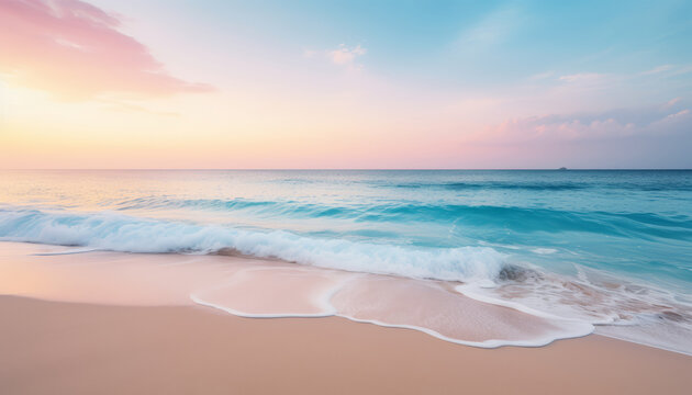 Calm and paradisiacal Caribbean beach during sunset. Sunny sea shore with foamy water and waves. Beautiful and serene beach in soft pastel pink and turquoise tones. Summertime and traveling concept.