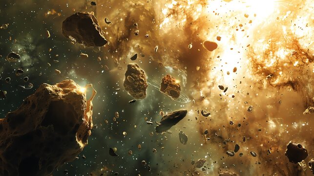 Asteroids in space with various sized rocks and debris in the sky