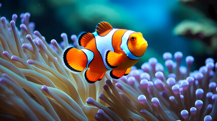 Clown fish swimming in the sea on coral reef background