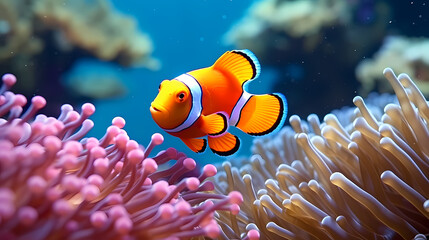 Naklejka na ściany i meble Clown fish swimming in the sea on coral reef background