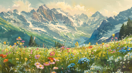 Alpine Meadow in Bloom, Watercolor Mountain Range with Wildflowers, Pastoral Landscape Art for Tranquil Home Decor

 - obrazy, fototapety, plakaty
