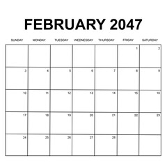 february 2047. monthly calendar design. week starts on sunday. printable, simple, and clean vector design isolated on white background.