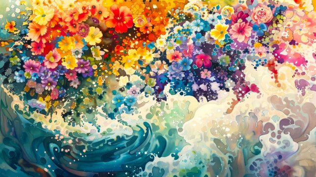 Vibrant Watercolor Painting of Floral Wave, Colorful Flowers Merging with Ocean Waves, Dynamic Botanical Ocean Wall Art

