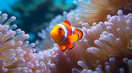 Clown fish swimming in the sea on coral reef background