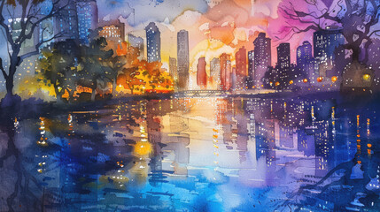 Urban Park Overlooking City Skyline at Sunset Watercolor Painting, Metropolitan Silhouette with Reflective Lake, Urban Landscape Art

