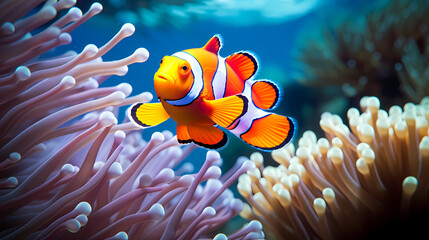 Clown fish swimming in the sea on coral reef background