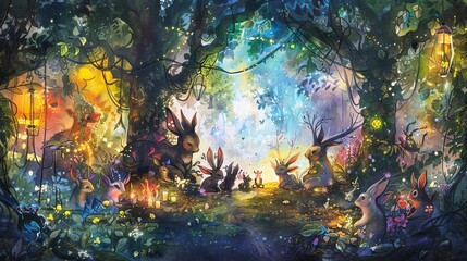 Watercolor Painting of a Festive Forest Gathering, Enchanted Woodland Animals and Lantern Lights, Whimsical Fantasy Art for Decor

