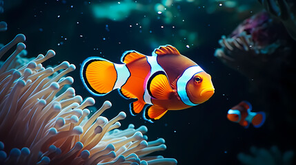 Fototapeta na wymiar Clown fish swimming in the sea on coral reef background