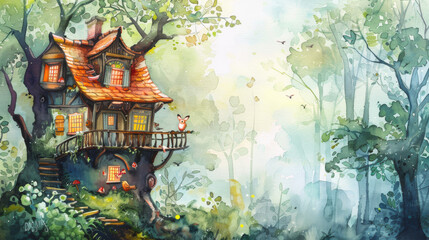 Treehouse in a Sunlit Forest Watercolor Painting, Charming Woodland Home, Whimsical and Peaceful Art for Home Decor

