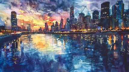 Obraz premium Vibrant Watercolor Painting of City Skyline at Sunset, Reflective Skyscrapers on River, Dazzling Evening Urban Landscape Art