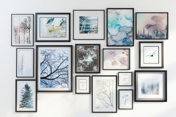 Collection of framed artwork, creating a gallery wall to showcase personal style and creativity, on isolated white background, Generative AI