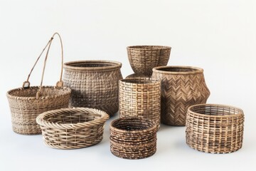 Collection of woven baskets, providing both storage and visual interest in any room, on isolated white background, Generative AI