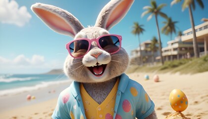 A highly detailed portrait of a happy Easter Bunny wearing sunglasses at the beach.