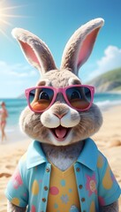 A highly detailed portrait of a happy Easter Bunny wearing sunglasses at the beach.