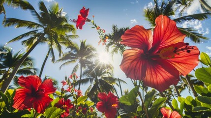 Exotic Hibiscus Flowers in Tropical Landscape