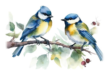 Obraz premium birds Watercolor small white background Two branch painting