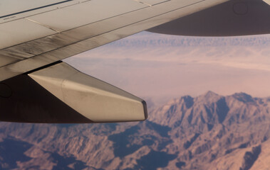 Aerial view of the mountains and sandy plateau of Egypt, the Sinai Peninsula. Aerial photography. ...