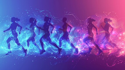 Silhouetted runners merge with a cosmic energy flow in a mesmerizing dance of vibrant neon hues against a starry backdrop..