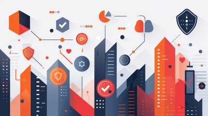 Stylized cityscape with infographic elements symbolizing data connectivity and security in urban planning..