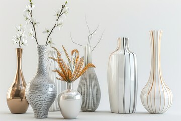 Set of decorative vases, adding visual interest and sophistication to any tabletop or shelf, on isolated white background, Generative AI