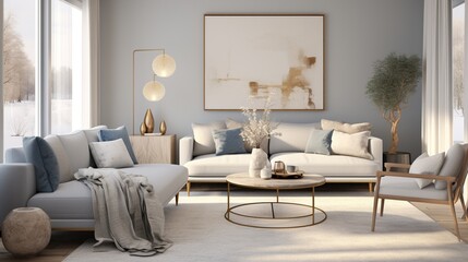 Interior composition of modern trendy living room with aesthetic color palette  - obrazy, fototapety, plakaty