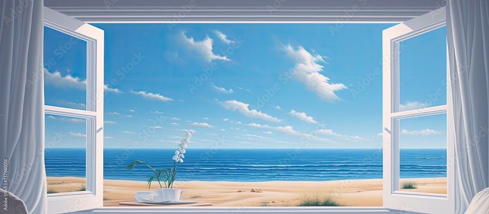 Poster a natural landscape with a view of the ocean through an open window, showcasing a liquid rectangle w