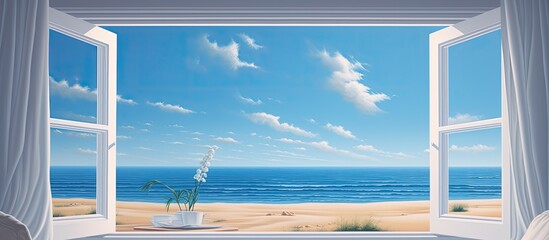 A natural landscape with a view of the ocean through an open window, showcasing a liquid rectangle where the sky meets the water on the horizon