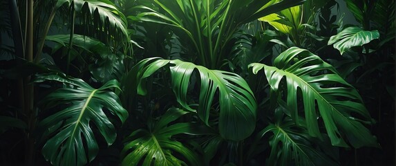Green colored tropical leaves foliage plants, banner template background illustration from Generative AI